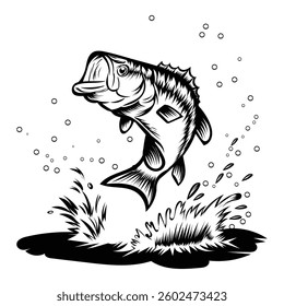 jumping big bass fish vector art silhouette logo design black and white 