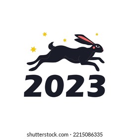 Jumping black rabbit, red cheeks, eyes and stars. Chinese New Year 2023 symbol. Bunny silhouette, mystic hare. Trendy print design, animal lettering typography poster. Hand drawn vector illustration