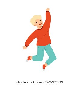 Jumping Blond Boy Feeling Happiness and Excitement Having Fun Vector Illustration