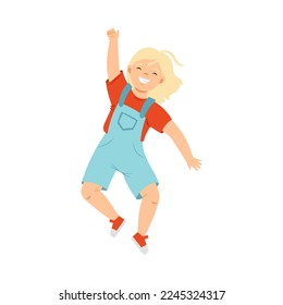 Jumping Blond Girl in Jumpsuit Feeling Happiness and Excitement Having Fun Vector Illustration