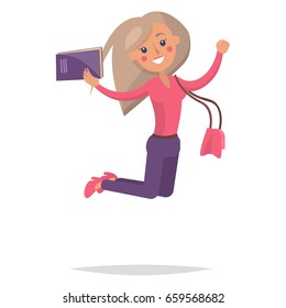 Jumping blonde girl student in pink sweater and shoes with book and purse isolated on white background. Emotion of happiness expression vector illustration. Reaction for successful exams passing.