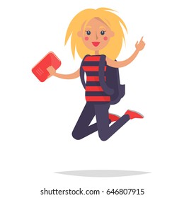 Jumping blonde girl student in striped blouse with rucksack on back isolated on white background. Teenager emotion of happiness expression vector illustration. Happy cartoon character in flat design