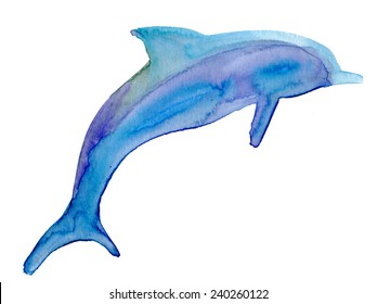 Jumping blue dolphin, watercolor painted illustration. Vector.