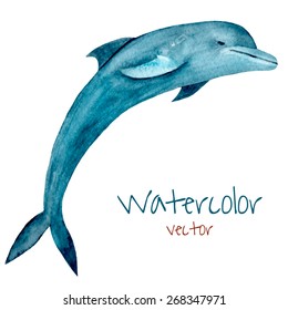 Jumping blue dolphin. Watercolor painted illustration in vector.