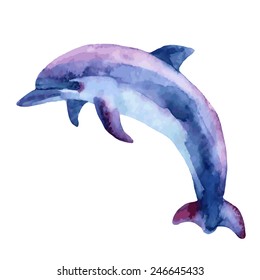 Jumping blue dolphin, watercolor vector illustration.