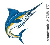 A jumping blue marlin fish. The fish is leaping out of the water, with its mouth open