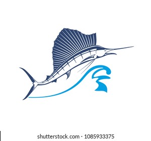 Jumping blue marlins or swordfishes with long thin noses and big dorsal fins isolated on white background for sporting fishing logo or emblems design