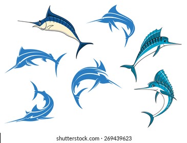 Jumping blue marlins or swordfishes with long thin noses and big dorsal fins isolated on white background for sporting fishing logo or emblems design