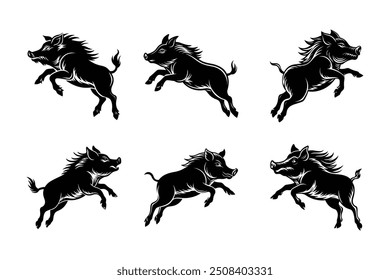 Jumping boar silhouette vector design for print-ready graphics on micro stock platforms.







