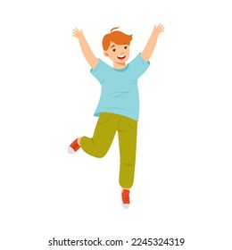 Salto de niño sintiendo felicidad y emoción por diversión vectorial Ilustración