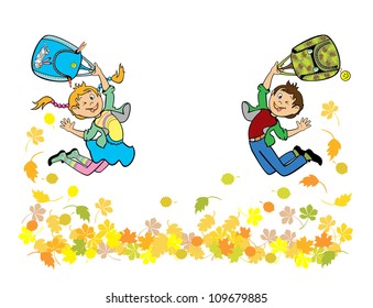 jumping boy and girl on white background with autumn leaves, children illustration,back to school