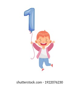 Jumping Boy Holding Blue Number Shaped Balloon by the String Vector Illustration