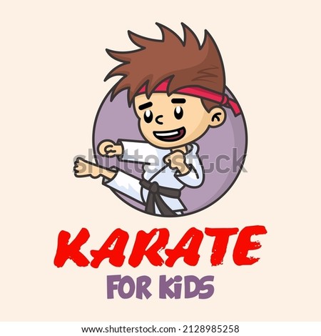 Jumping Boy in karate discipline. Martial arts school for childrens. Baby Karate logo. Strong kids concept.