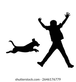 Jumping Boy and Leaping Dog Silhouette - Playful Childhood Pet Fun Dynamic Duo