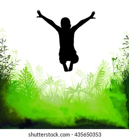 Jumping boy on nature. Vector