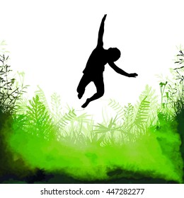 Jumping boy on nature. Vector