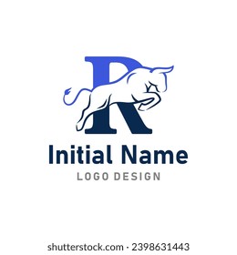 Jumping Bull Logo of Initial Letter R buffalo strong symbol clipart vector.