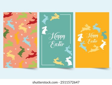 Jumping bunnies patterns concept in the flat cartoon design. Three Easter cards featuring colorful jumping bunnies, each showcasing unique compositions and color schemes. Vector illustration.