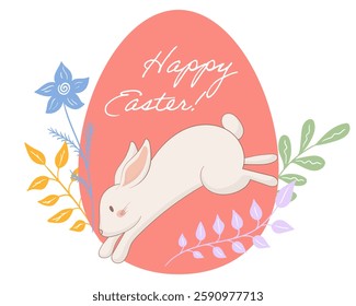 Jumping bunny Easter card icon. Playful rabbit leaping in front of a pink egg with Happy Easter text, surrounded by decorative leaves and flowers. Joyful spring holiday design