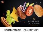 Jumping Burger ads, delicious and attractive hamburger with refreshing ingredients in 3d illustration on black background