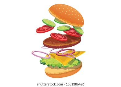 Jumping Burger ads, delicious and attractive hamburger with refreshing ingredients vector illustration on white background