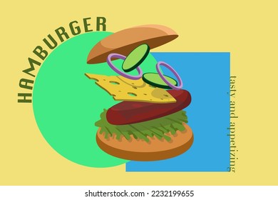 Jumping Burger ads, delicious and attractive hamburger with refreshing ingredients in illustration on chrome yellow background. Vector illustration
