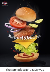 Jumping Burger Ads, Delicious And Attractive Hamburger With Refreshing Ingredients In 3d Illustration On Black Background