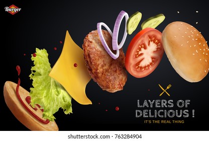 Jumping Burger ads, delicious and attractive hamburger with refreshing ingredients in 3d illustration on black background