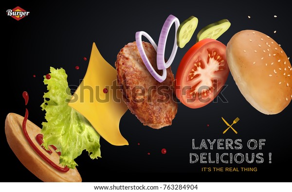 Jumping Burger ads, in 3d illustration on black background
