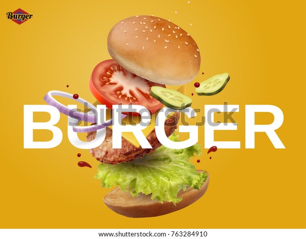 クロム黄色い背景にハンバーガーのジャンプ広告 おいしく魅力的なハンバーガー さわやかな具材付き3dイラスト のベクター画像素材 ロイヤリティフリー