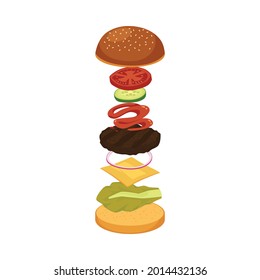 Jumping burger layers between halves of bun, flat vector illustration isolated on white background. Schematic image of cheeseburger ingredients shows burger preparing.