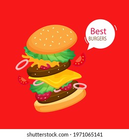 Jumping Burger on red background. Best Burger. Vector