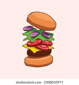 jumping burger vector illustration with fresh looking ingredient