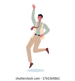 Jumping business man. Happy and successful employee in a suit. Joy and achievement concept. Teamwork celebration. Flat vector illustration