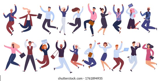 Jumping business people. Happy businessman, office workers jumped together, success celebration colleagues isolated vector illustration set. Businessman cartoon jumping together employee