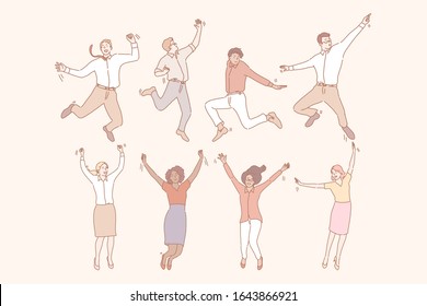 Jumping business people set. International diversity in cartoon style. Illustration of isolated jumping friends business men and women. Bundle of students dancing because of winning. Simple vector