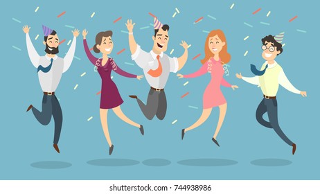 Jumping business people in suits with holiday caps and confetti.