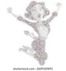 Jumping business woman expresses joy of success goal form any shape