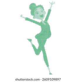 Jumping business woman expresses joy of success goal form from dot
