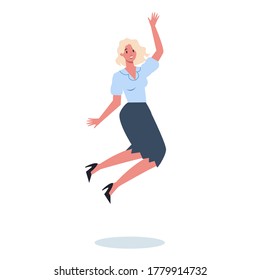 Jumping business woman. Happy and successful employee in a suit. Joy and achievement concept. Teamwork celebration. Flat vector illustration