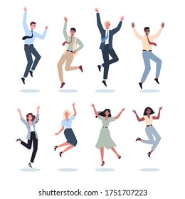 Jumping business woman and man set. Happy and successful employee in a suit. Joy and achievement concept. Teamwork celebration. Flat vector illustration