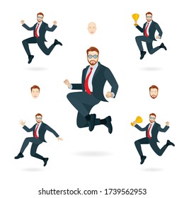 Jumping businessman character vector illustrations set. Male in different jumping poses with golden trophy cup. Male face constructor.
