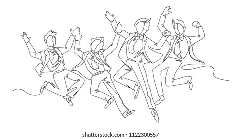 Jumping Businessman Continuous Line Art. Successful People Celebrating. Business Teamwork Linear Concept. Vector illustration