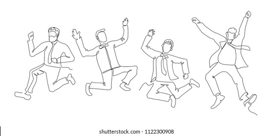 Jumping Businessman Continuous Line Art. Successful People Celebrating. Business Teamwork Linear Concept. Vector illustration