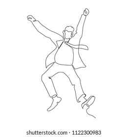 Jumping Businessman Continuous Line Art. Successful People Celebrating. Business Teamwork Linear Concept. Vector illustration