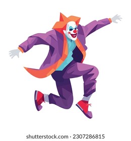Jumping cartoon clown in Halloween costumes celebrating isolated