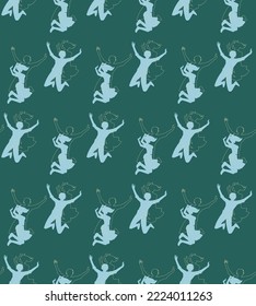 Jumping cartoon people on green, seamless vector pattern