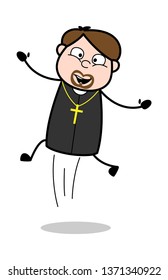 Jumping - Cartoon Priest Religious Vector Illustration