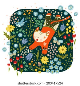 Jumping cat against flowers background