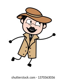 Jumping for Catch - Retro Cartoon Police Agent Detective Vector Illustration
